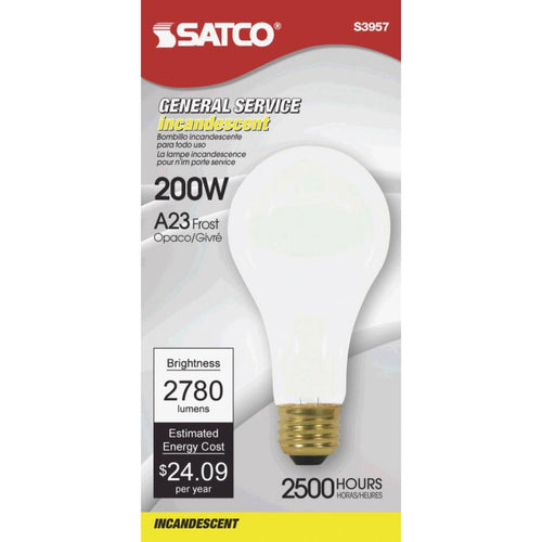 Satco 200W Frosted Soft White Medium Base A23 Incandescent High Wattage Light Bulb