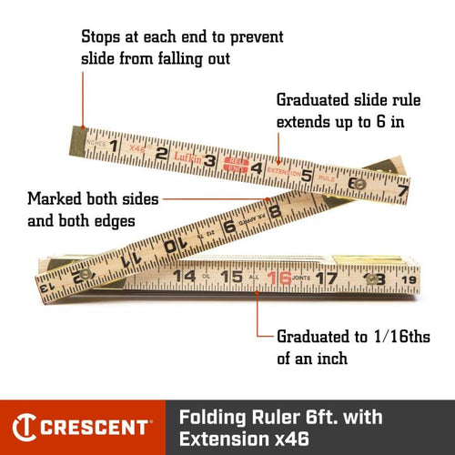 Crescent Lufkin 5/8 x 6' Red End® Wood Rule with Two 6 Slide Rule Extension