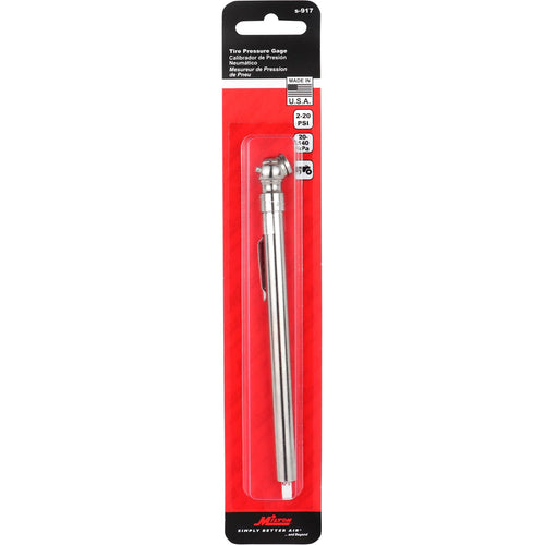 Milton® Heavy Duty Tire Pencil Gauge 2-20 PSI Single Head Air Chuck Brass Tubing Corrosion Resistant