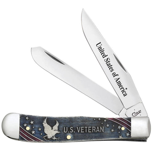 Case U.S. Veteran Gift Set Embellished Smooth Natural Bone with Blue and Red Color Wash Trapper (In Velvet Box)