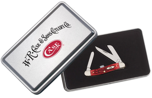 Case Medium Stockman Dark Red Bone, Peach Seed Jig - Commemorative Gift Set Tin (3 1/2)