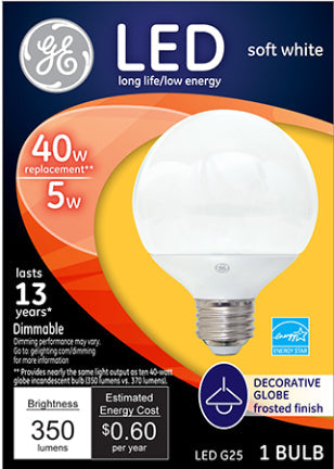 5W G25 Med LED Frosted Globe 40W Eq